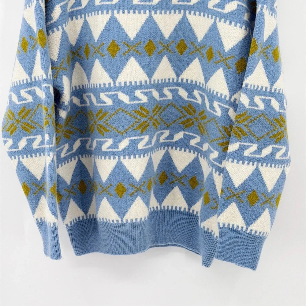 Vtg Style Fair Isle Chunky Double-Knit Crewneck Nordic Ski Sweater Geometric